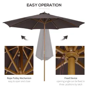 Outsunny 3m Fir Wooden Garden Parasol Sun Shade Outdoor Umbrella Canopy Coffee