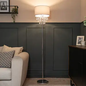 ValueLights Lulu Grey Fabric Floor Lamp with Acrylic Jewel Droplet Drum Shade