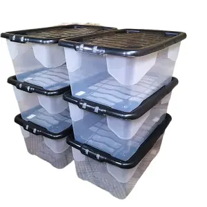 6 x 42L Clear Storage Box with Black Lid, Stackable and Nestable Design Storage Solution