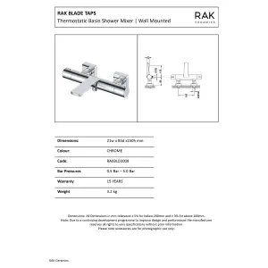 RAK Blade Polished Chrome Wall Mounted Exposed Thermostatic Bath Shower Mixer