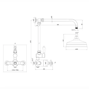 ENKI Trafalgar Antique Brass Traditional Angled Brass Thermostatic Rain Shower Set 200mm