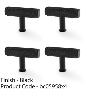 4 PACK - Knurled T Bar Cupboard Door Knob - 55mm x 38mm - Matt Black Unit Pull Handle