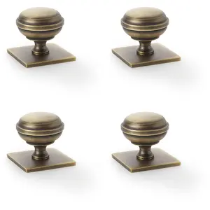 4 PACK - Classic Round Cabinet Door Knob & Matching Backplate - Antique Brass 34mm Handle