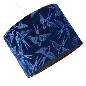 Bird Decorated Navy Midnight Blue Velvet Fabric Lamp Shade with Inner Lining