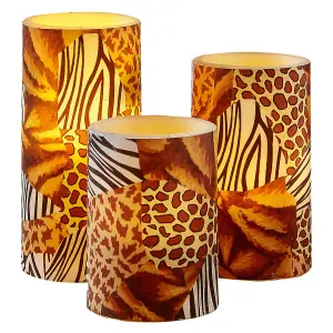 3 x Animal Print Real Wax LED Pillar Candles - Battery Powered Flickering Light Home Decoration - 1 of Each 10, 12 & 15cm