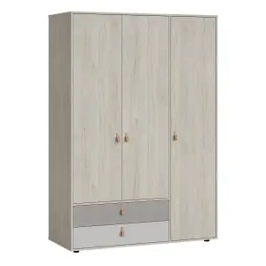 Denim 3 Door 2 Drawer Wardrobe in Light Walnut, Grey Fabric Effect and Cashmere