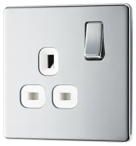 BG FPC21W Nexus Screwless Flat-Plate Single Switched Plug Socket Polished Chrome White Insert 13A