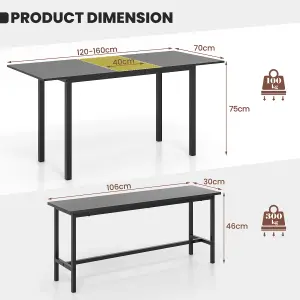 COSTWAY 3 Pcs 160cm Dining Table Set for 4-6 Extendable Kitchen Table Set w/ 2 Benches