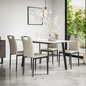 Haydon Extending Dining Table + Chairs- White Marble Effect Table Top w Black Legs + Monza Linen Dining Chair Set Of 4 (Beige)