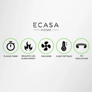 ECASA Oscillating Tower Fan Heater  2000W  LED Flame Effect & Digital Control Remote Built-in Thermostat Plug Black