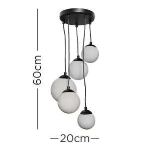 ValueLights Beauworth Modern 5 Way Hanging Matt Black and Glass Globe Shade Ceiling Pendant Light Fitting