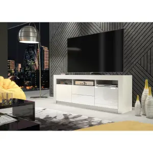 Modern TV Unit 160cm White with High Gloss Doors - Creative Furniture