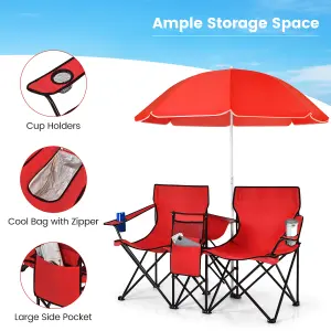 Costway Outdoor Portable Double Camping Chair Folding Picnic Chairs W/ Umbrella & Ice Bag