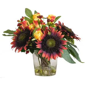 Bloom Artificial Sunflower And Rose Flower Arrangement in Vase - Faux Fake Floral Centrepiece Home Decoration - H32 x W36cm