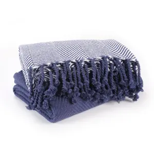 EHC Luxury Pack of 2 Chevron Cotton Single Sofa Throw Blanket, 125x 150cms - Navy Blue