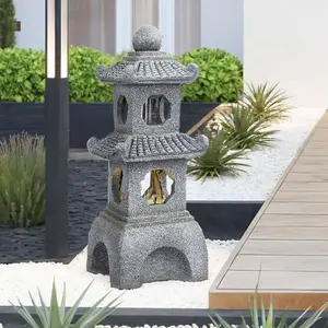 Grey Tiered Pagoda Resin Garden Fountain Water Feature LED Lighted with Solar Panel