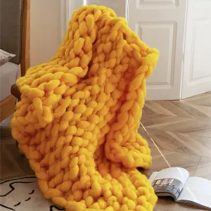 Light Yellow Soft Chunky Knitted Throw Blanket Sofa Bed Blanket Handwoven Home Decor 60cm L x 60cm W