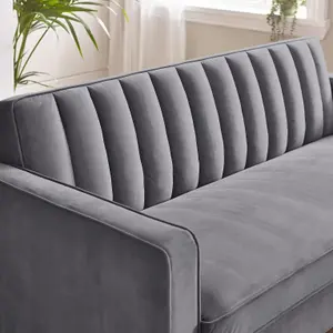 Furniturebox UK Velvet Sofa - 'Kit' 3 Seater Upholstered Grey Fabric Sofa - Vertical Stitching - Modern Living Room Furniture