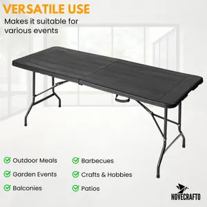 6ft Folding Table - Portable Black Plastic Trestle Table 180x75cm with Steel Frame, Easy to Fold & Store, For Indoor & Outdoor Use