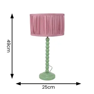 ValueLights Bobbins Sage Green Table Lamp with Ruched Pleated Blush Pink Drum Lamp Shade