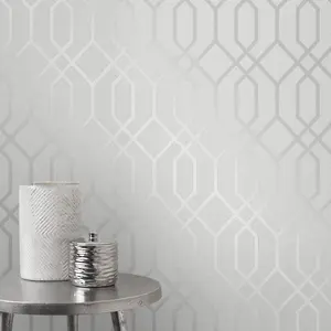 Quartz Trellis Geometric Wallpaper Silver and Grey Fine Decor FD42304