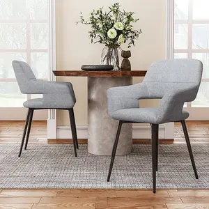 Dinning Chair Set of 2 Modern Light Grey Linen Dinning Chair Armchair with Metal Legs