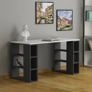 Decortie Colmar Modern Desk with Integrated 6-Shelf Bookshelf Storage White Anthracite Grey 140cm Width