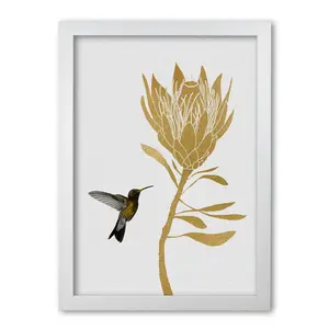 Hummingbird & Flower I - Print White Grain Frame / 42 cm H x 30 cm W x 1 cm D