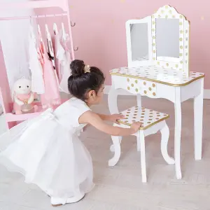 Teamson Kids Dressing Table, Play Vanity Set with LED Mirror Light & Stool - White/Gold/Polka Dots