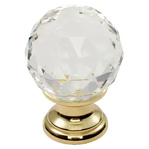 Faceted Crystal Cupboard Door Knob 25mm Dia Polished Brass Cabinet Handle