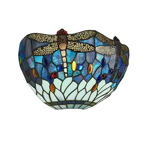 Tiffany Glass LED Wall Light - Dragonfly Design - Matt Black Finish - Dimmable