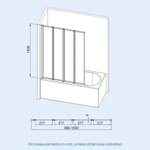 Nes Home 1000 x 1400 mm 4 Fold Door Bath Shower Screen Black Frame