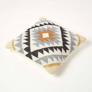 Homescapes Agra Handwoven Gold and Black Kilim Cushion with Feather Filling