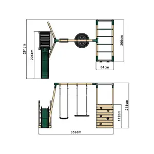 Rebo Wooden Children's Swing Set with Monkey Bars plus Deck & 6ft Slide - Double Swing - Satellite Green