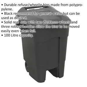 Durable 100 Litre Wheelie Bin with Solid Rear Axle and 200mm Wheels - Ideal for General Waste