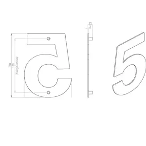 178mm Front Door Numerals '5' 150mm Fixing Centres Satin Stainless Steel