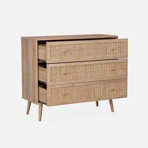 sweeek. 3-drawer chest with wood and cane effect Boheme Natural 90x39x79 cm