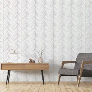 Galerie Organic Textures White Grey Chevron Wood Textured Wallpaper