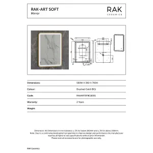 RAK Art Soft 500x700mm Brushed Gold Square with Touch Sensor Illuminated Mirror IP44