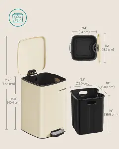 SONGMICS Kitchen Bin, Trash Bin, Steel Pedal Bin, Waste Container, with Inner Bucket, Soft Close and Stays Open, Sand Beige