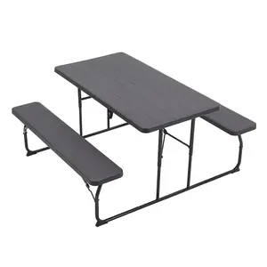 180cm W Outdoor Garden Foldable Picnic Table and Bench Set with Parasol Hole, Black