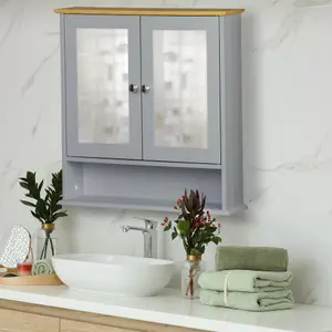 Double Mirror Bathroom Cabinet with Shelf - Grey Bamboo Top