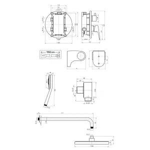 Hommix Rubineta Kubo-2F-Uno Chrome Concealed & Wall Mounted Shower Set