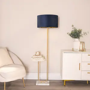 ValueLights Tavel Gold Floor Lamp with Table and Navy Blue Velvet with Gold Inner Lamp Shade and LED Bulb