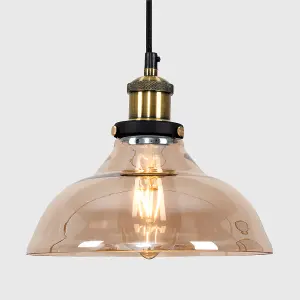 ValueLights Wallace Black and Gold Ceiling Light Pendant with Amber Tinted Clear Glass Shade with LED Filament Bulb In Warm White