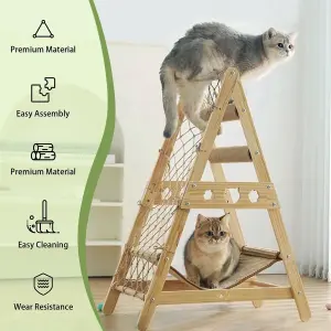 Wooden Cat Tower for Indoor Cats with Hammock Straching Post Climbing Web