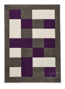 Grey Purple Modern Easy to Clean Bordered Chequered Geometric Rug For Dining Room-80cm X 150cm