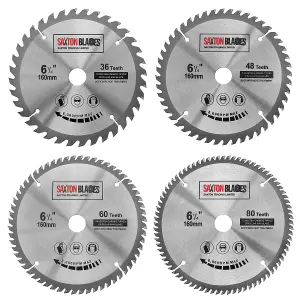 Saxton TCT160MXD TCT Circular Blade 160mm x 36, 48, 60 & 80 Teeth x 20mm Bore & 16mm Ring Pack of 4