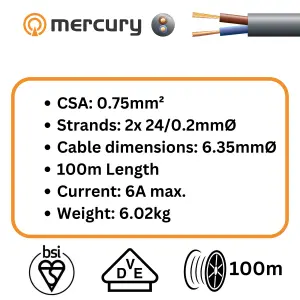 100m Cable 3182Y 2 Core Round PVC, 300/500V, HO5VV-F2, 6A 100m Reel - Black