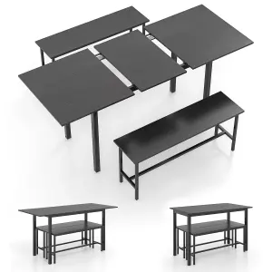 COSTWAY 3 Pcs 160cm Dining Table Set for 4-6 Extendable Kitchen Table Set w/ 2 Benches